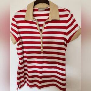 Croft & Barrow Red and White Short Sleeve Polo Shirt with Tan Sleeves and Collar